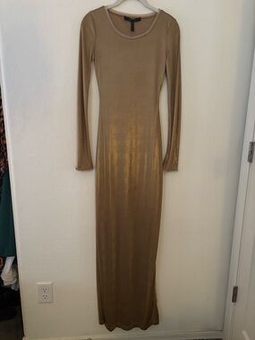 BCBGMAXAZRIA Gold Metallic Long Sleeve Gown XS Side Slit